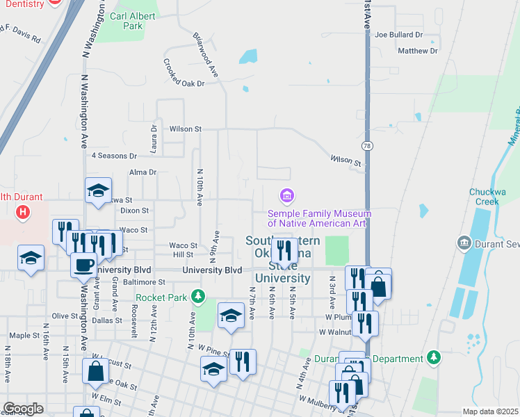 map of restaurants, bars, coffee shops, grocery stores, and more near 302 Montgomery Drive in Durant