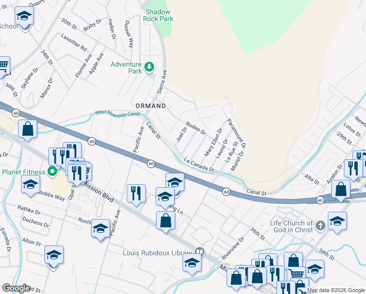 map of restaurants, bars, coffee shops, grocery stores, and more near 3347 Beatrice Drive in Riverside