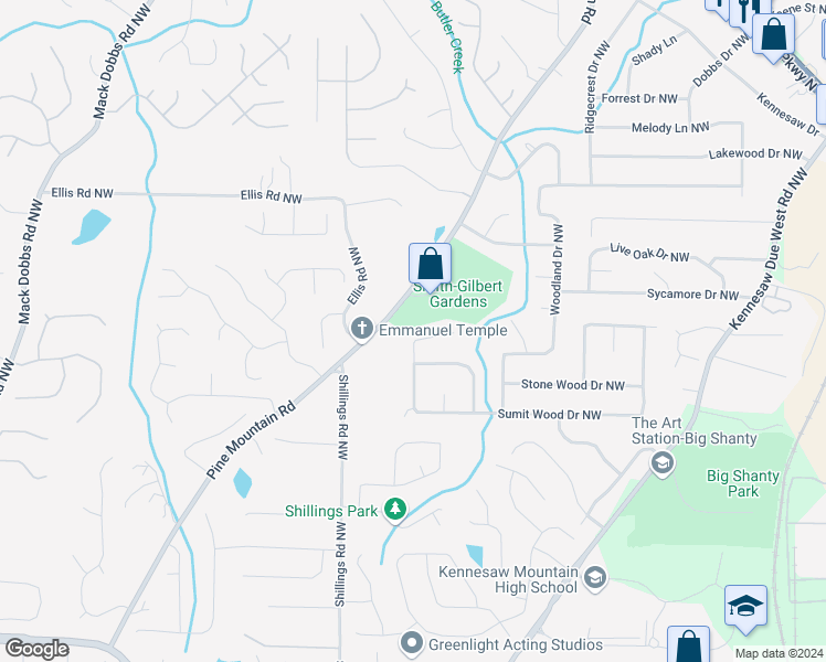 map of restaurants, bars, coffee shops, grocery stores, and more near 3090 Sumit Wood Drive Northwest in Kennesaw