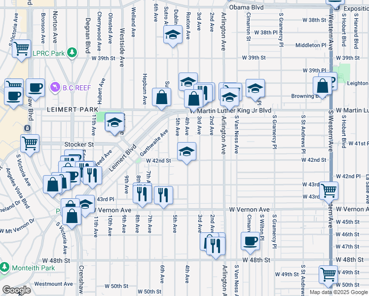 map of restaurants, bars, coffee shops, grocery stores, and more near 4183 4th Avenue in Los Angeles