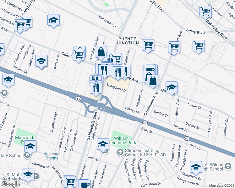 map of restaurants, bars, coffee shops, grocery stores, and more near 1221 Pontenova Avenue in Hacienda Heights
