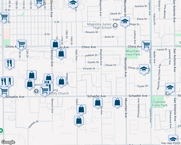 map of restaurants, bars, coffee shops, grocery stores, and more near 6010 Breckinridge Lane in Chino
