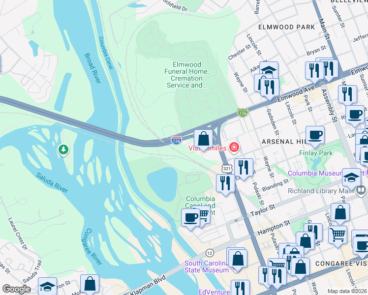 map of restaurants, bars, coffee shops, grocery stores, and more near 308 Erie Street in Columbia