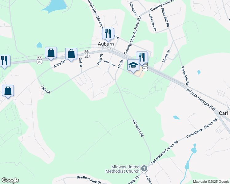 map of restaurants, bars, coffee shops, grocery stores, and more near 63 6th Street in Auburn