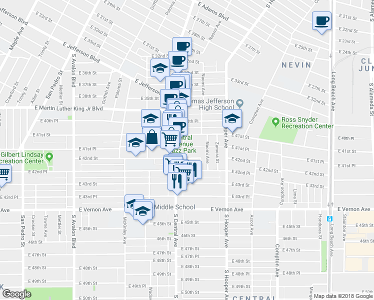 map of restaurants, bars, coffee shops, grocery stores, and more near 1136 East 41st Place in Los Angeles