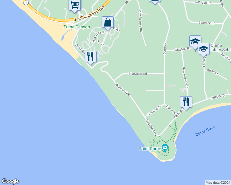 map of restaurants, bars, coffee shops, grocery stores, and more near 7089 Birdview Avenue in Malibu