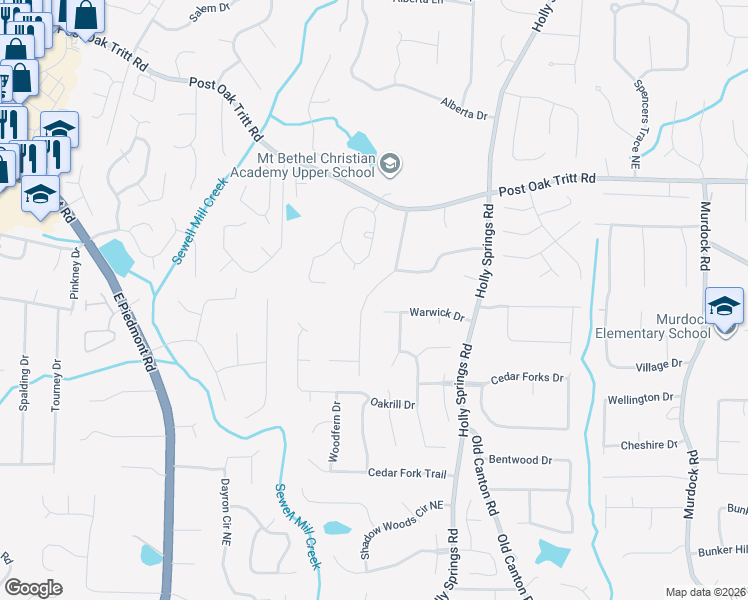 map of restaurants, bars, coffee shops, grocery stores, and more near 2550 Stoney Brook Lane in Marietta