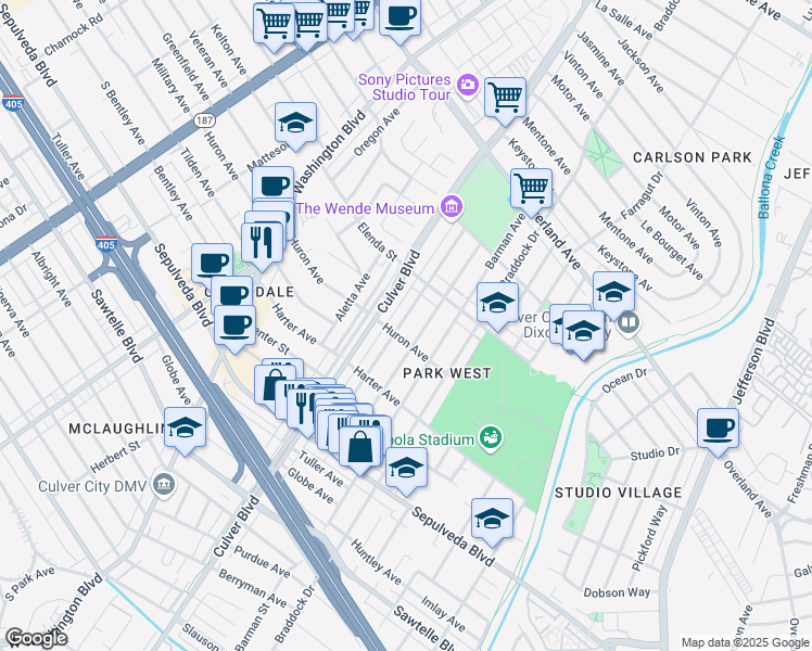 map of restaurants, bars, coffee shops, grocery stores, and more near 10952 Wagner Street in Culver City