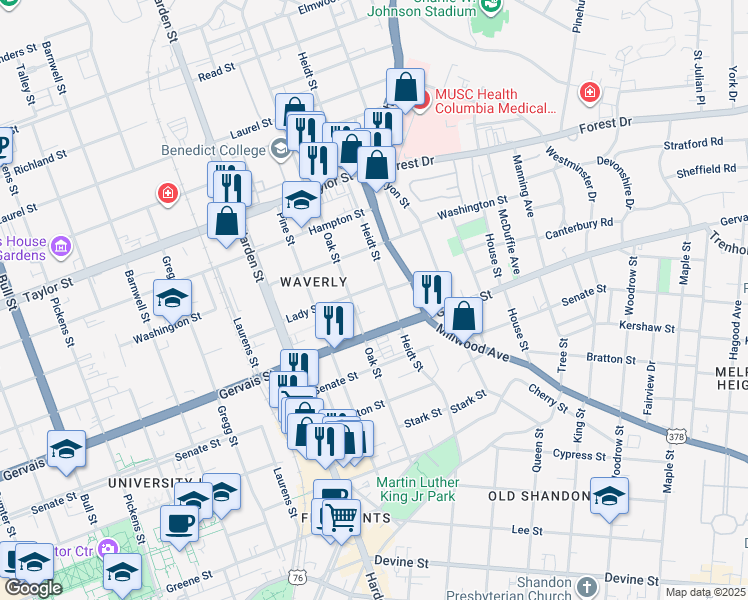 map of restaurants, bars, coffee shops, grocery stores, and more near 1223 Heidt Street in Columbia