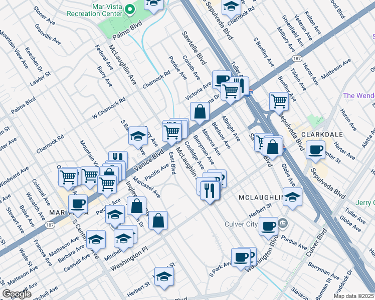 map of restaurants, bars, coffee shops, grocery stores, and more near 3833 Coolidge Avenue in Los Angeles