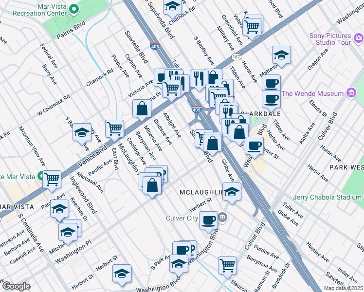 map of restaurants, bars, coffee shops, grocery stores, and more near 3937 Albright Avenue in Los Angeles