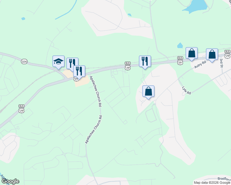 map of restaurants, bars, coffee shops, grocery stores, and more near 40 Appalachee Church Road in Auburn