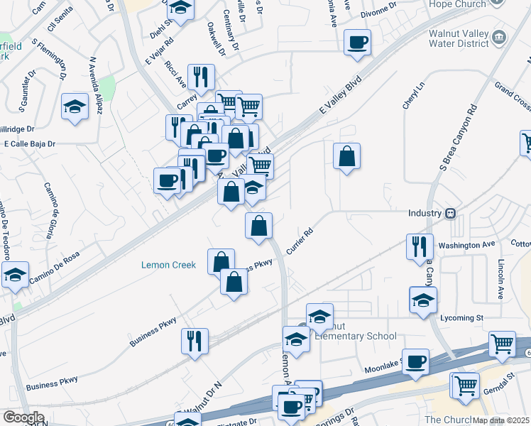 map of restaurants, bars, coffee shops, grocery stores, and more near 476 South Lemon Avenue in Walnut