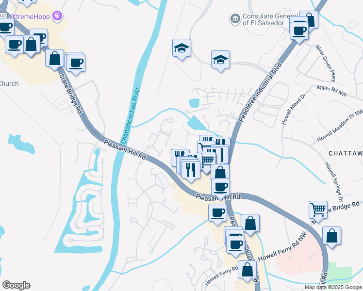 map of restaurants, bars, coffee shops, grocery stores, and more near 4130 Plantation Trace Drive in Duluth