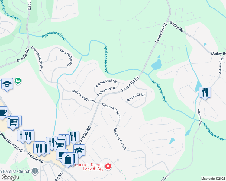 map of restaurants, bars, coffee shops, grocery stores, and more near 2531 Kelman Place in Dacula