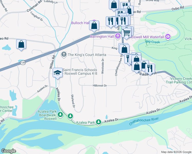 map of restaurants, bars, coffee shops, grocery stores, and more near 140 Spring Drive in Roswell