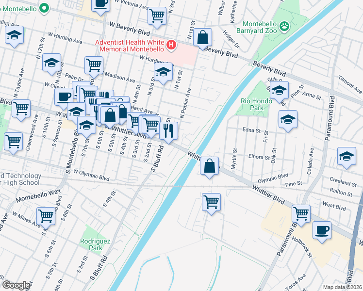 map of restaurants, bars, coffee shops, grocery stores, and more near 101 Natasha Lane in Montebello