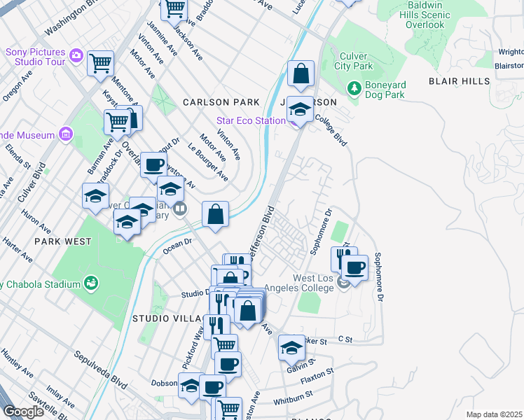 map of restaurants, bars, coffee shops, grocery stores, and more near 10395 Jefferson Boulevard in Culver City