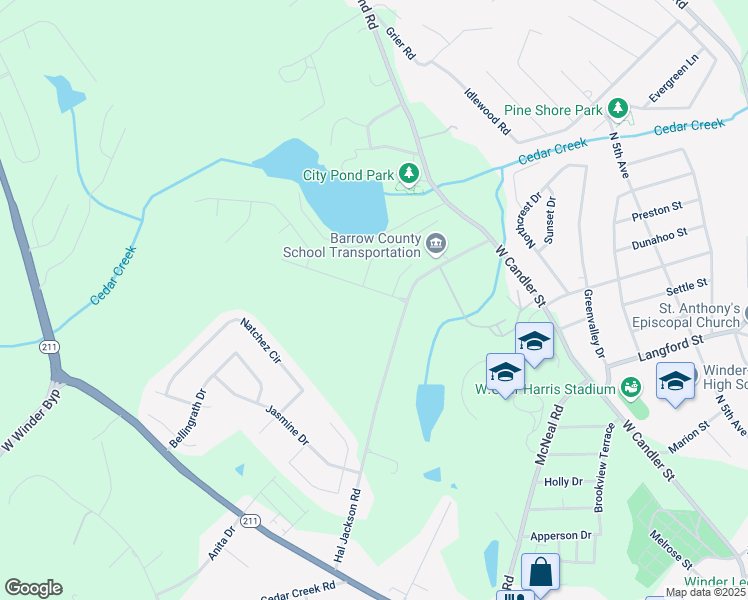 map of restaurants, bars, coffee shops, grocery stores, and more near 708 Overlook Drive in Winder