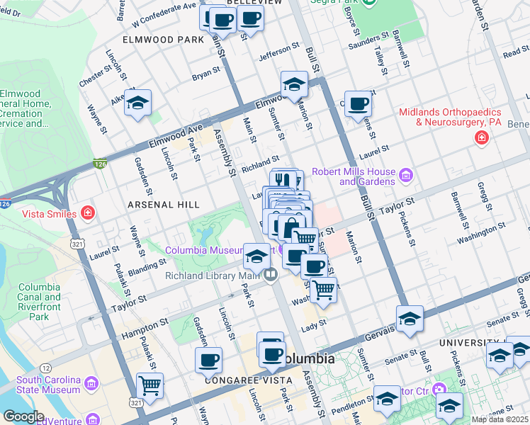 map of restaurants, bars, coffee shops, grocery stores, and more near 1117 Blanding Street in Columbia