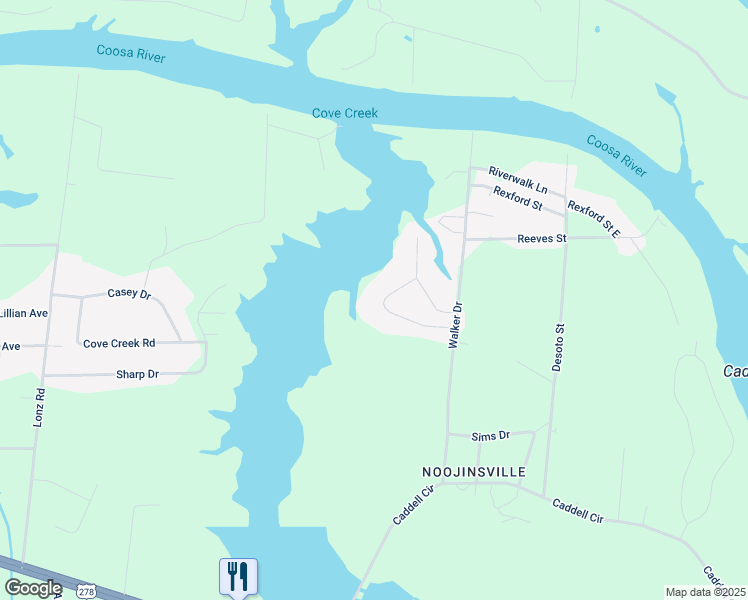 map of restaurants, bars, coffee shops, grocery stores, and more near 2148 Cove Circle in Gadsden