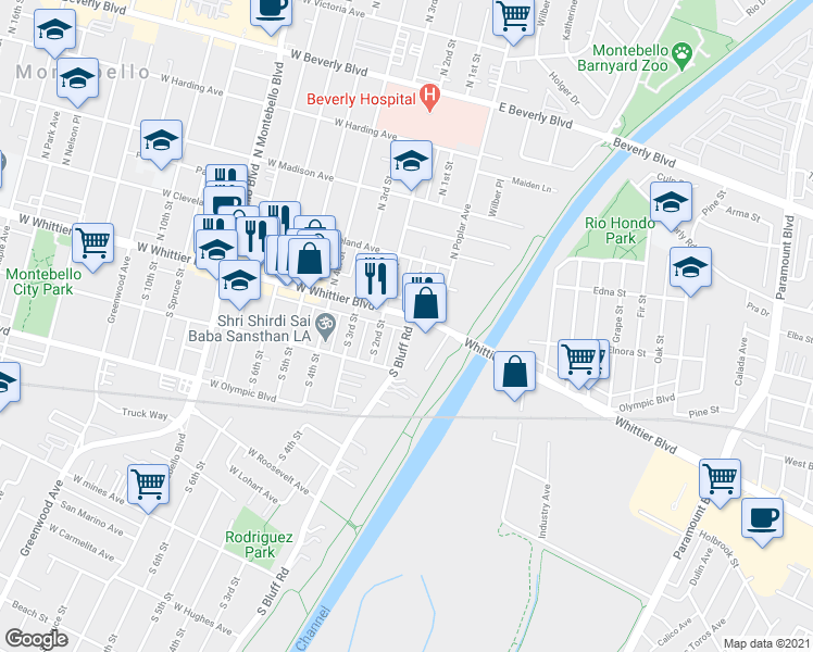 map of restaurants, bars, coffee shops, grocery stores, and more near 107 South Bluff Road in Montebello