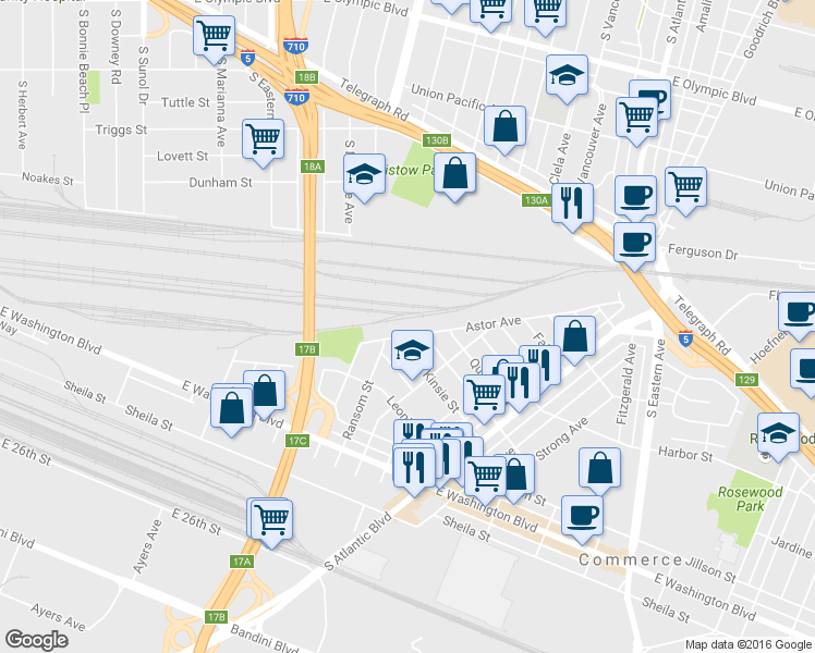 map of restaurants, bars, coffee shops, grocery stores, and more near 4857 Astor Avenue in Commerce