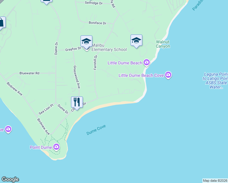 map of restaurants, bars, coffee shops, grocery stores, and more near 28935 Cliffside Drive in Malibu