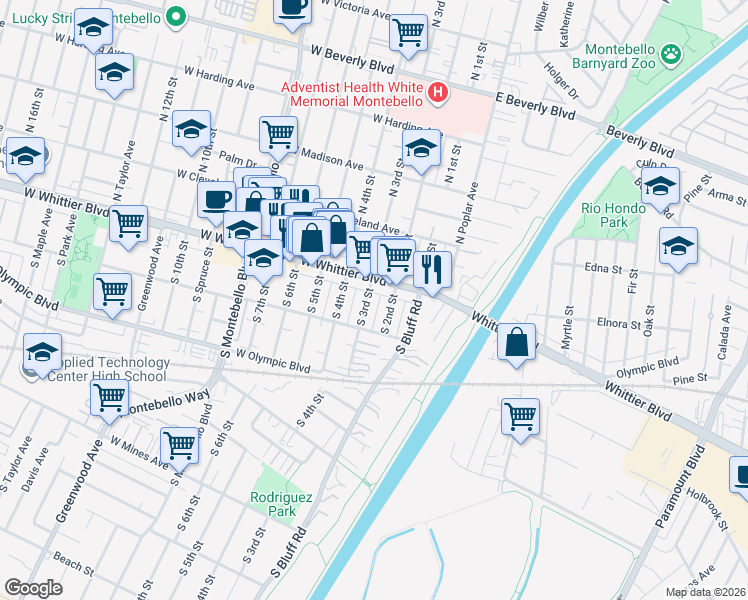 map of restaurants, bars, coffee shops, grocery stores, and more near 116 South 3rd Street in Montebello