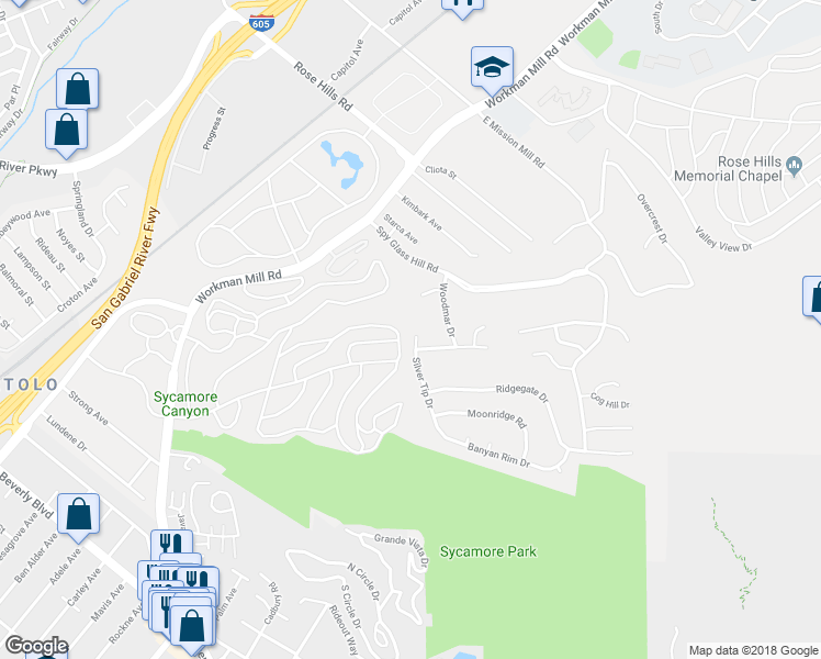 map of restaurants, bars, coffee shops, grocery stores, and more near 4503 Silver Tip Drive in Whittier