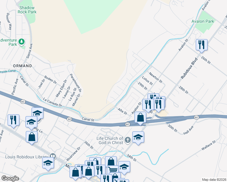 map of restaurants, bars, coffee shops, grocery stores, and more near 14141 Evergreen Court in Jurupa Valley