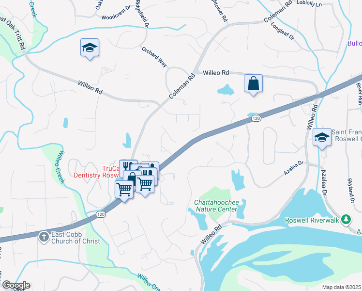 map of restaurants, bars, coffee shops, grocery stores, and more near 7035 Hampton Bluff Way in Roswell