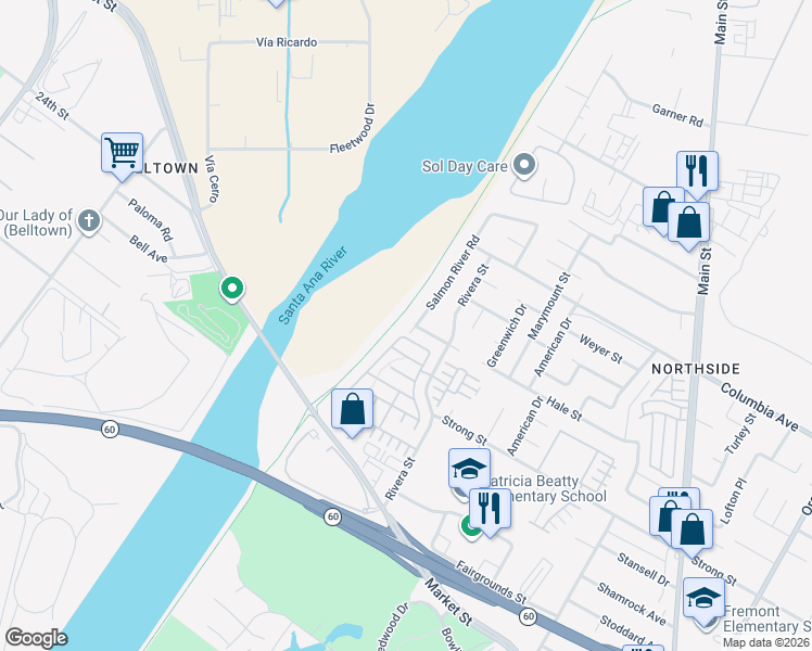 map of restaurants, bars, coffee shops, grocery stores, and more near 1501 Salmon River Road in Riverside
