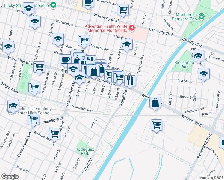 map of restaurants, bars, coffee shops, grocery stores, and more near 116 South 3rd Street in Montebello