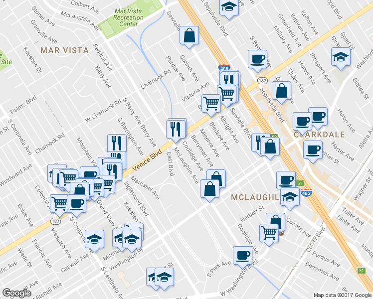 map of restaurants, bars, coffee shops, grocery stores, and more near 3833 Coolidge Avenue in Los Angeles