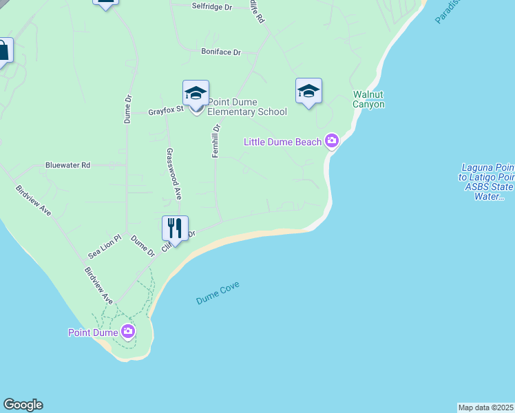 map of restaurants, bars, coffee shops, grocery stores, and more near 28925 Cliffside Drive in Malibu