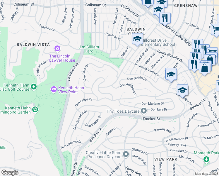 map of restaurants, bars, coffee shops, grocery stores, and more near 4246 Hillcrest Drive in Los Angeles