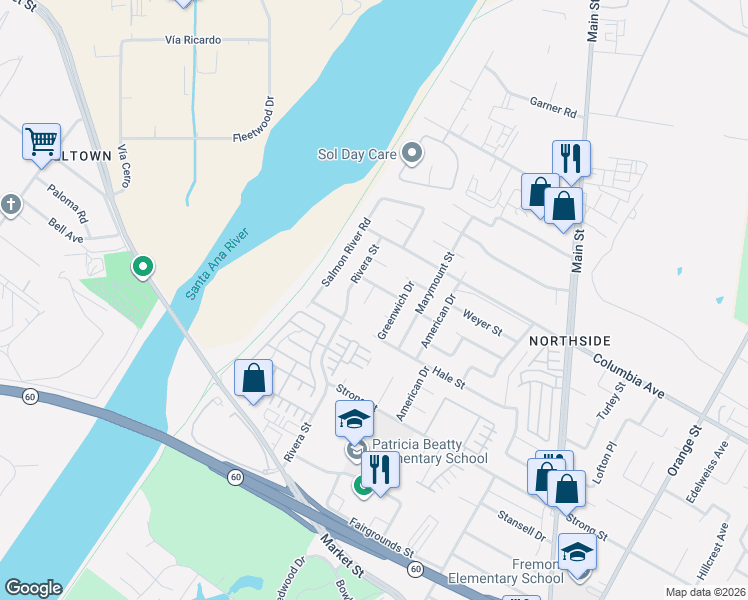 map of restaurants, bars, coffee shops, grocery stores, and more near 4493 Winslow Court in Riverside