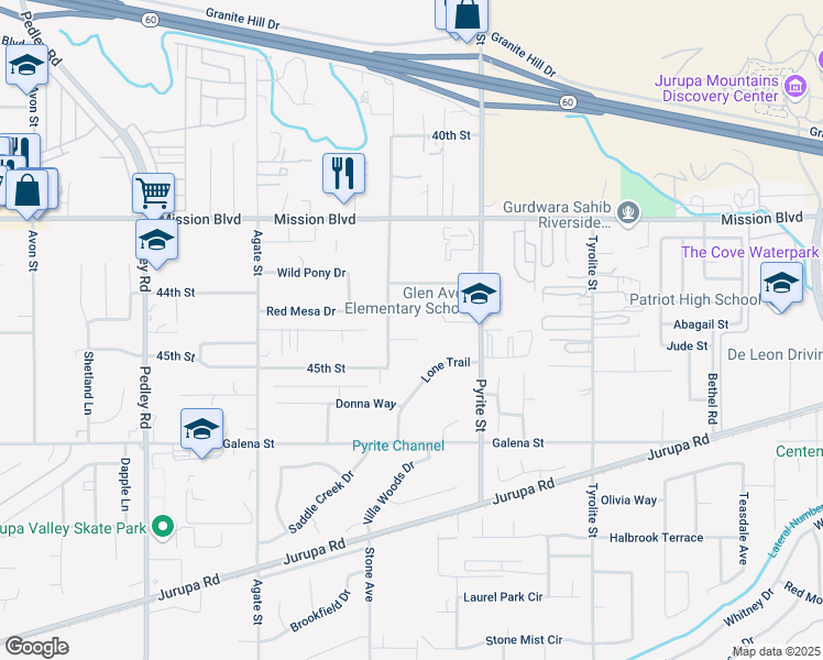 map of restaurants, bars, coffee shops, grocery stores, and more near 8323 Pristine Place in Riverside