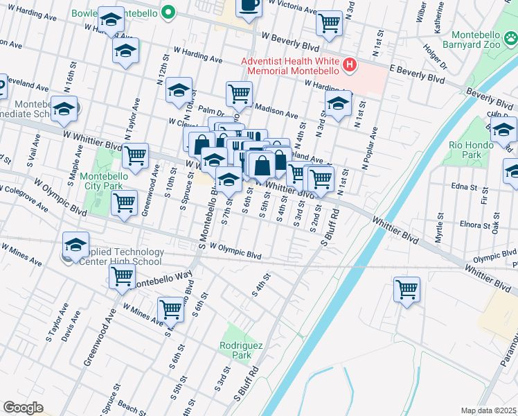 map of restaurants, bars, coffee shops, grocery stores, and more near 145 South 5th Street in Montebello