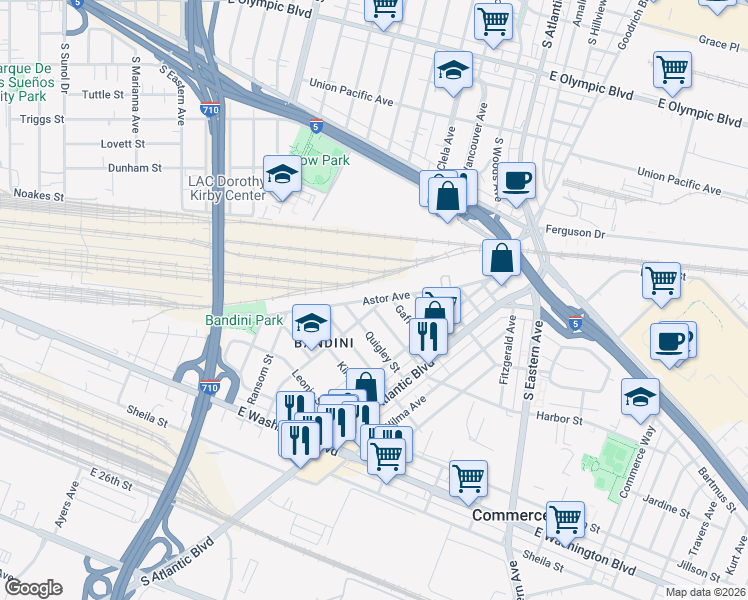 map of restaurants, bars, coffee shops, grocery stores, and more near 4964 Astor Avenue in Commerce