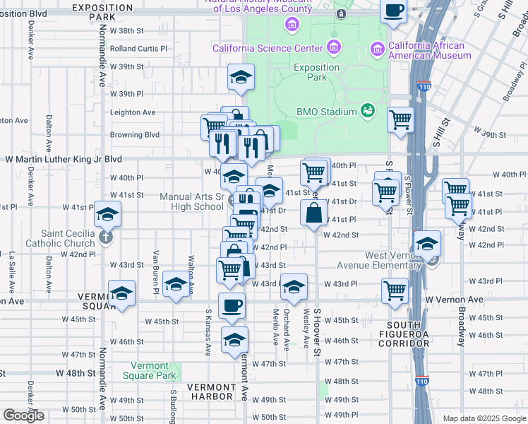 map of restaurants, bars, coffee shops, grocery stores, and more near 4151 Menlo Avenue in Los Angeles