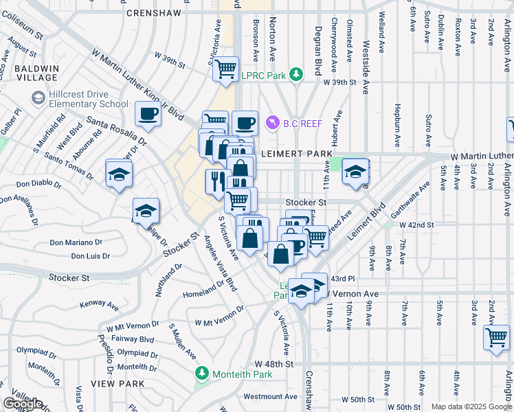 map of restaurants, bars, coffee shops, grocery stores, and more near 4213 South Bronson Avenue in Los Angeles