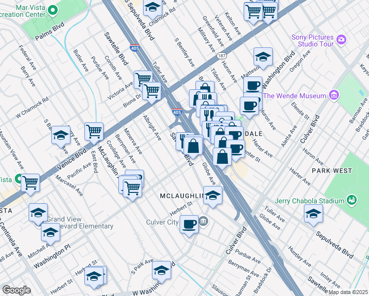 map of restaurants, bars, coffee shops, grocery stores, and more near 3961 Sawtelle Boulevard in Los Angeles
