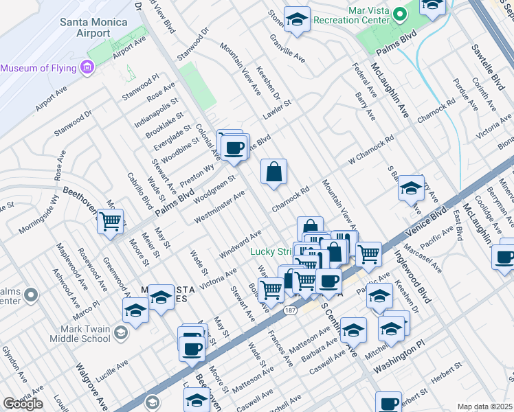 map of restaurants, bars, coffee shops, grocery stores, and more near 3605 South Centinela Avenue in Los Angeles