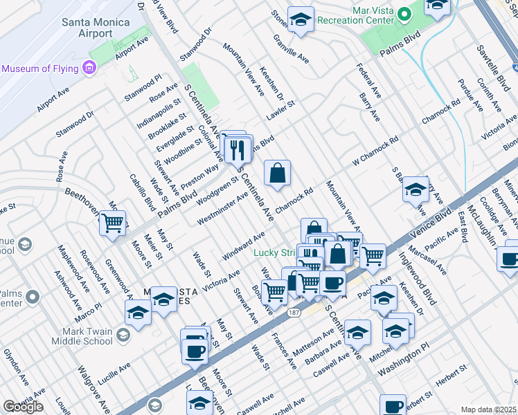 map of restaurants, bars, coffee shops, grocery stores, and more near 3585 South Centinela Avenue in Los Angeles