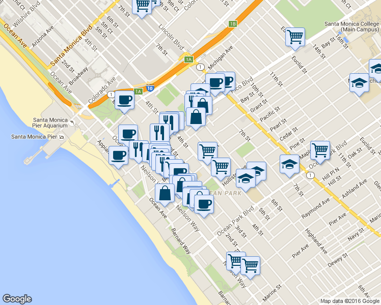 map of restaurants, bars, coffee shops, grocery stores, and more near 2021 3rd Street in Santa Monica