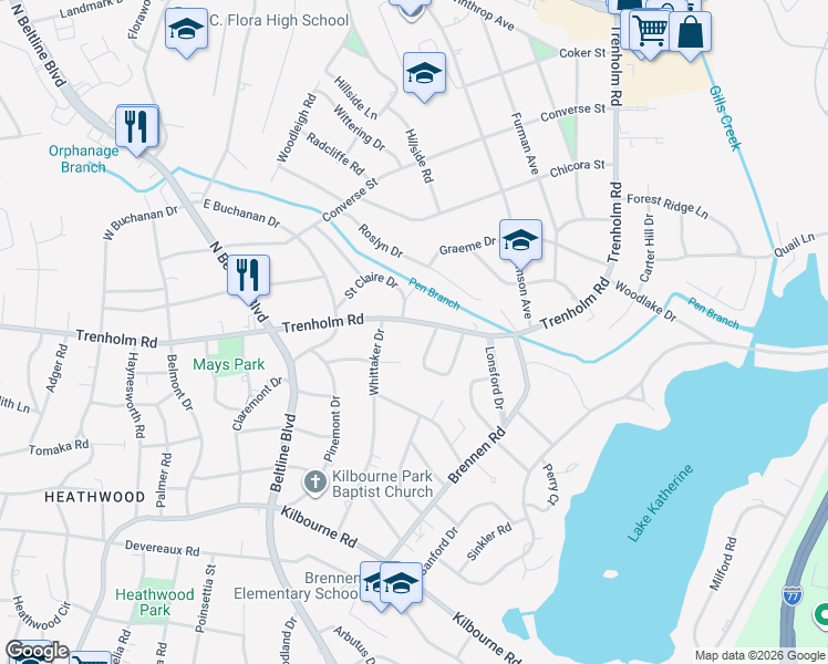 map of restaurants, bars, coffee shops, grocery stores, and more near 4320 Trenholm Road in Columbia