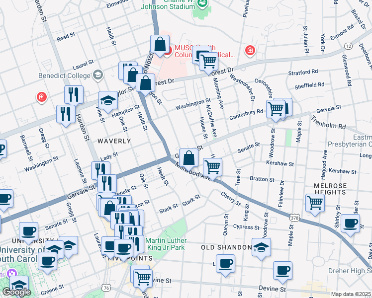 map of restaurants, bars, coffee shops, grocery stores, and more near 2439 Gervais Street in Columbia