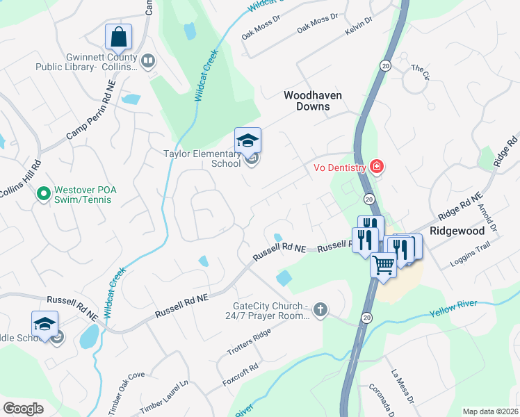 map of restaurants, bars, coffee shops, grocery stores, and more near 323 Leggett Oaks Lane in Lawrenceville